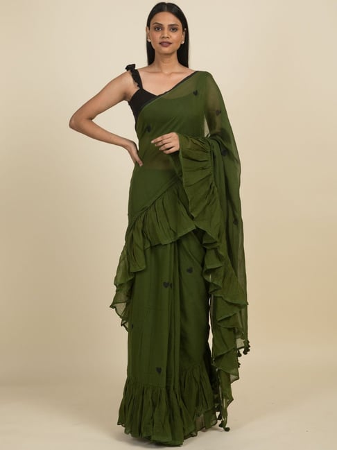 Sand & green garden print ruffle sari set. – Arpita Mehta Official