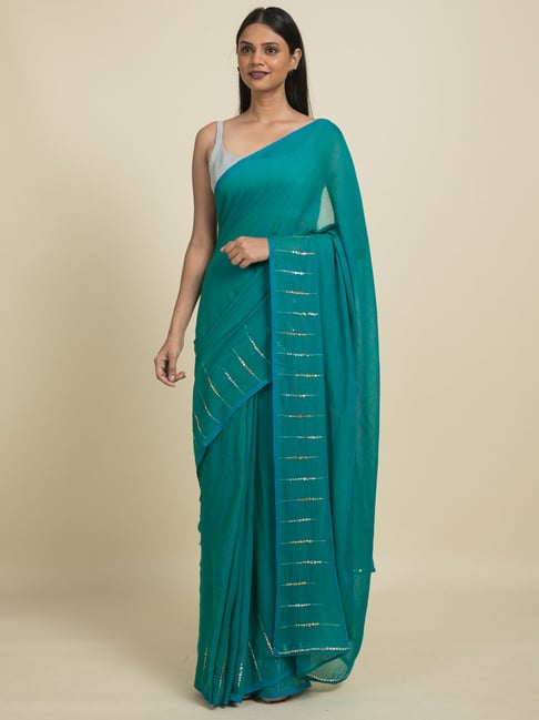 Suta Turquoise Pure Cotton Embellished Saree Without Blouse Price in India
