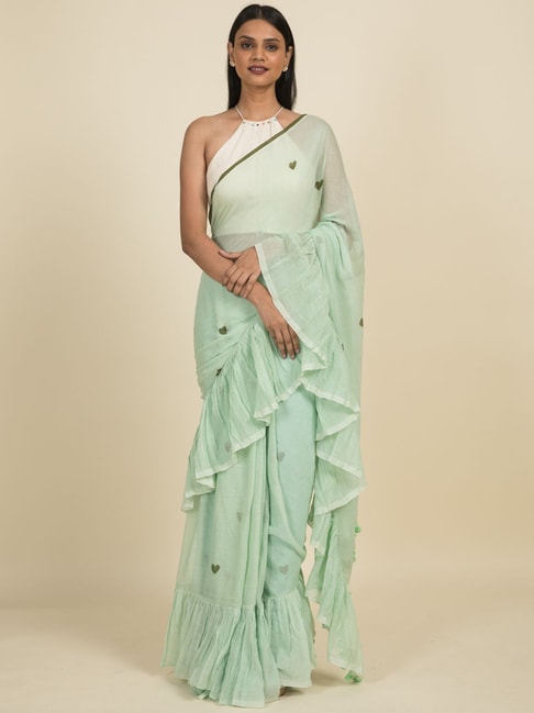 Suta Sea Green Pure Cotton Printed Ruffle Saree Without Blouse Price in India
