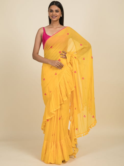 Suta Yellow Pure Cotton Printed Ruffle Saree Without Blouse Price in India