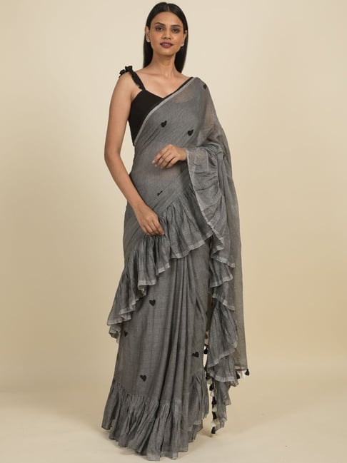 Suta Grey Pure Cotton Printed Ruffle Saree Without Blouse Price in India