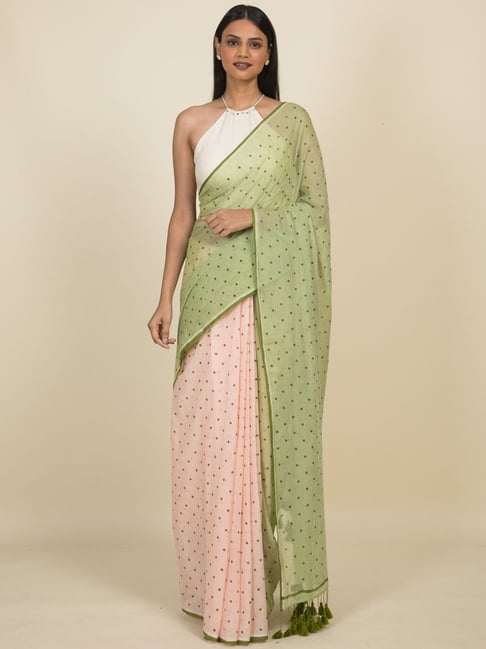 Suta Olive Green & Pink Pure Cotton Polka Dots Saree Without Blouse Price in India