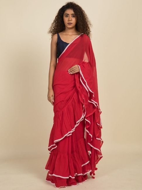 Suta Red Pure Cotton Ruffle Saree Without Blouse Price in India