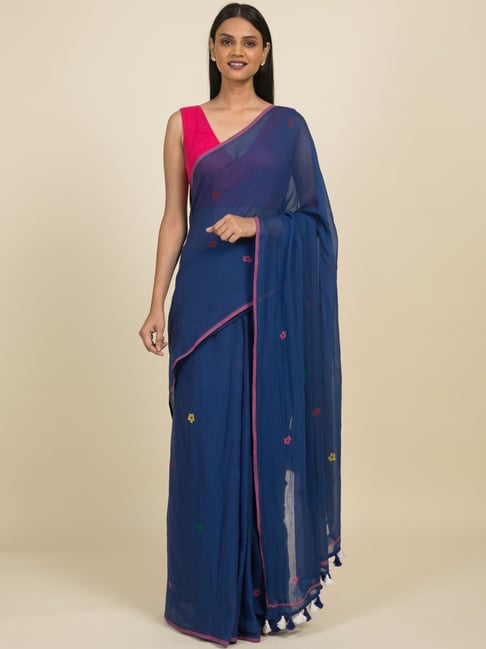 Suta Blue Pure Cotton Printed Saree Without Blouse Price in India