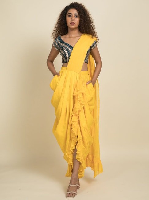 Suta Yellow Pure Cotton Ready to Wear Saree Without Blouse Price in India