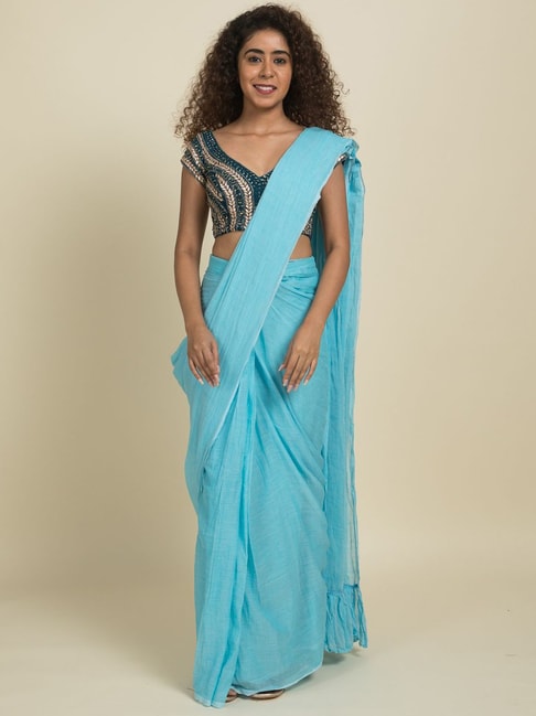 Suta Blue Pure Cotton Ready to Wear Saree Without Blouse Price in India