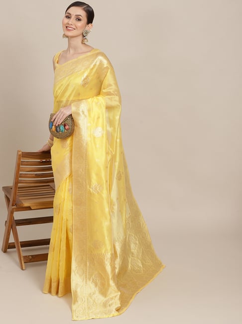 Saree Mall Yellow Cotton Silk Woven Saree With Unstitched Blouse