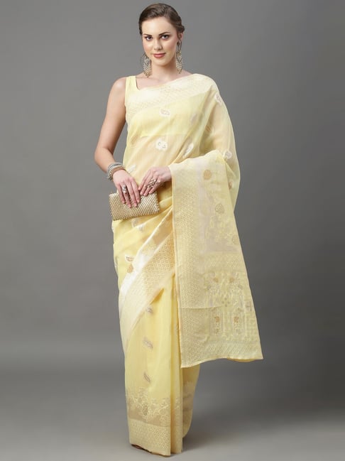 Saree Mall Yellow Cotton Silk Woven Saree With Unstitched Blouse