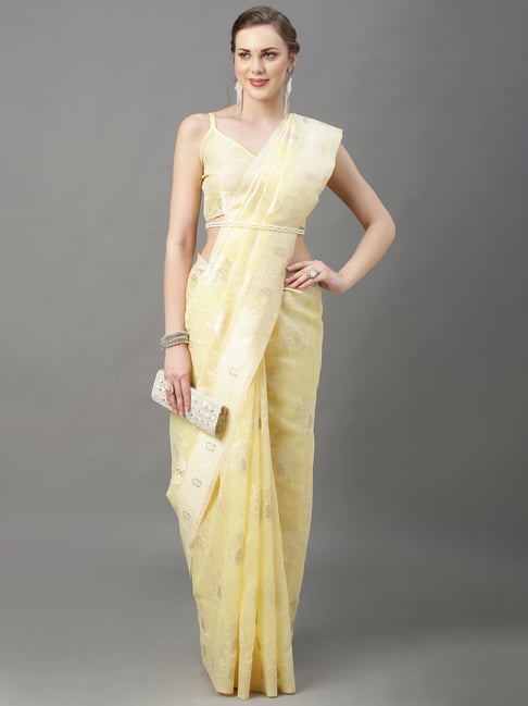 Saree Mall Yellow Cotton Silk Woven Saree With Unstitched Blouse