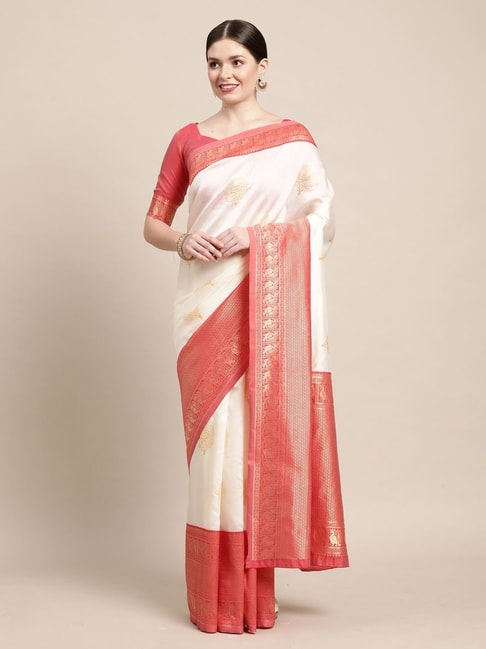 Saree Mall White & Red Cotton Silk Woven Saree With Unstitched Blouse Price in India