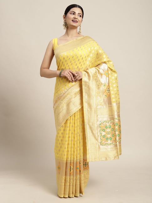 Saree Mall Yellow Cotton Silk Woven Saree With Unstitched Blouse