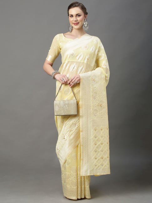 Saree Mall Yellow Cotton Silk Woven Saree With Unstitched Blouse