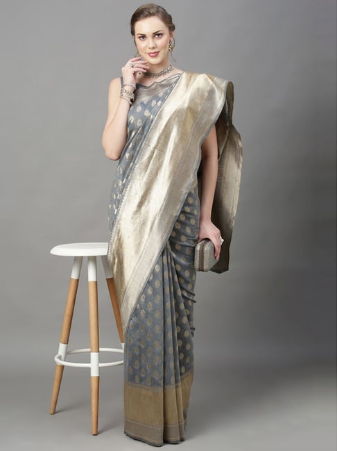 Saree Mall Grey Cotton Silk Woven Saree With Unstitched Blouse Price in India