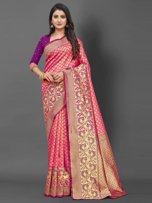 Saree Mall Pink Woven Saree With Unstitched Blouse Price in India