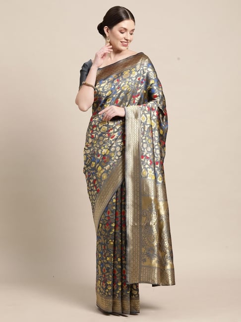 Saree Mall Grey Woven Saree With Unstitched Blouse Price in India