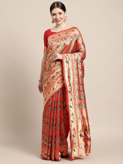Saree Mall Red Woven Saree With Unstitched Blouse Price in India