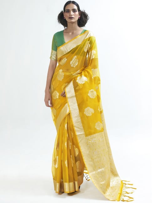 Saree Mall Yellow Woven Saree With Unstitched Blouse Price in India