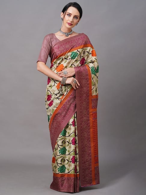 Saree Mall White & Pink Cotton Silk Printed Saree With Unstitched Blouse Price in India