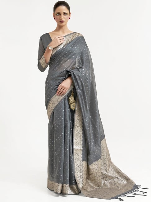 Saree Mall Grey Woven Saree With Unstitched Blouse Price in India