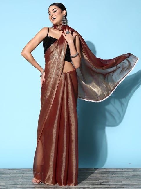 Saree Mall Brown Woven Saree With Unstitched Blouse Price in India