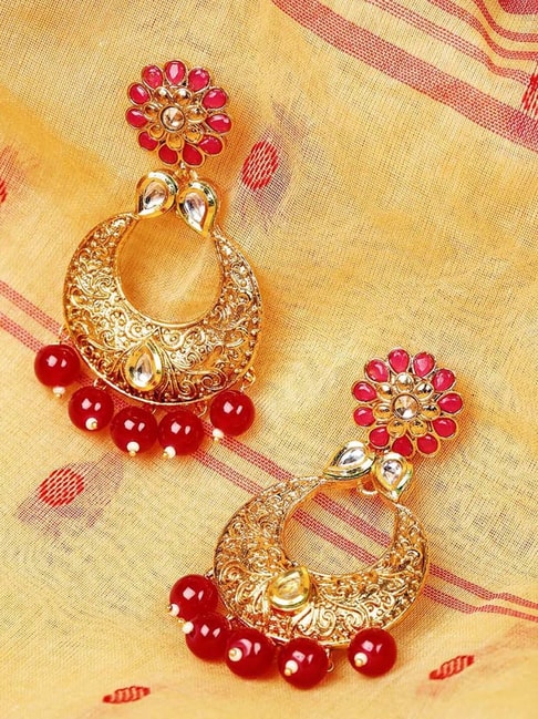 Stone Studded Golden and Red Earrings 242JW25