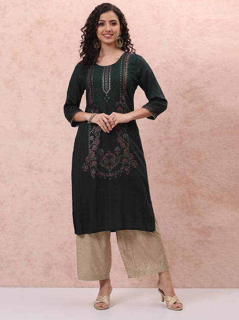 Rangriti Olive Green Printed Straight Kurta Price in India