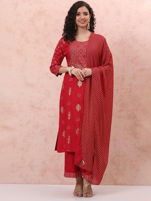 Rangriti Red Printed Kurta Palazzo Set With Dupatta