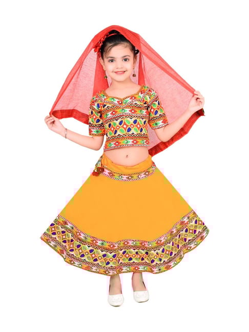 Ahhaaaa Kids Yellow & Red Cotton Embroidered Lehenga Cholis-picture-10