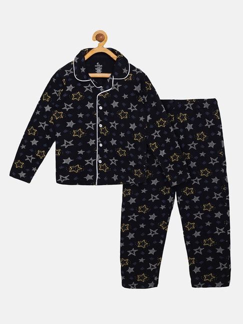 Kiddopanti Kids Black Printed Full Sleeves Shirt with Pyjamas
