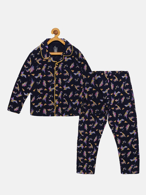 Kiddopanti Kids Navy Printed Full Sleeves Shirt with Pyjamas