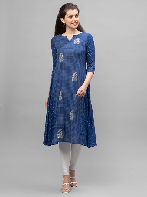 Globus Blue Cotton Embroidered A Line Kurta Price in India