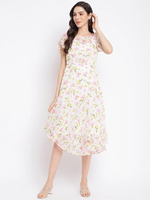 Latin Quarters White & Pink Floral Print A-Line Dress Price in India