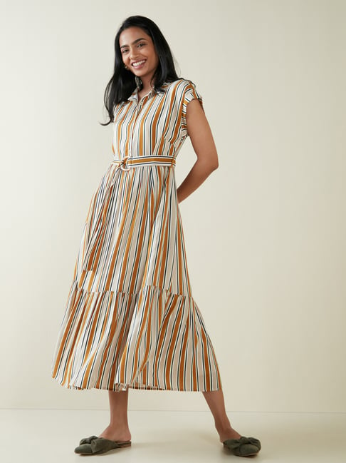 LOV by Westside Mustard Striped Dress with Belt Price in India