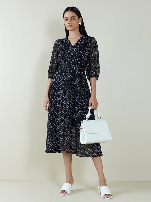 Wardrobe by Westside Black Polka-Dot Design Dress with Belt Price in India