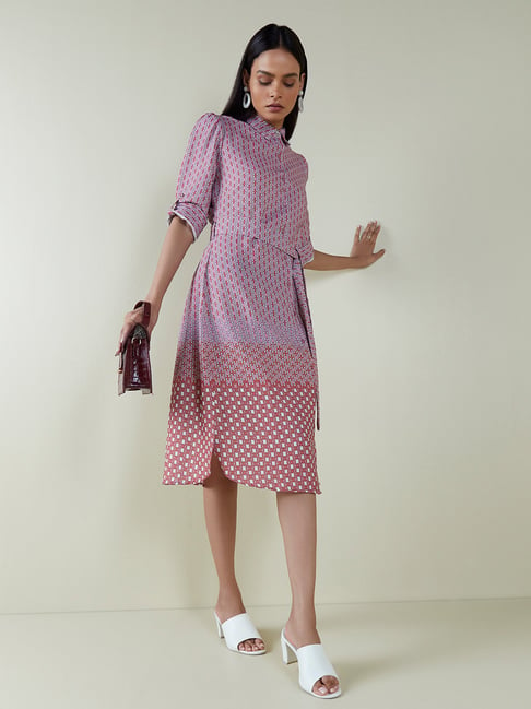 Wardrobe by Westside Lilac Abstract Printed Shirtdress with Belt Price in India