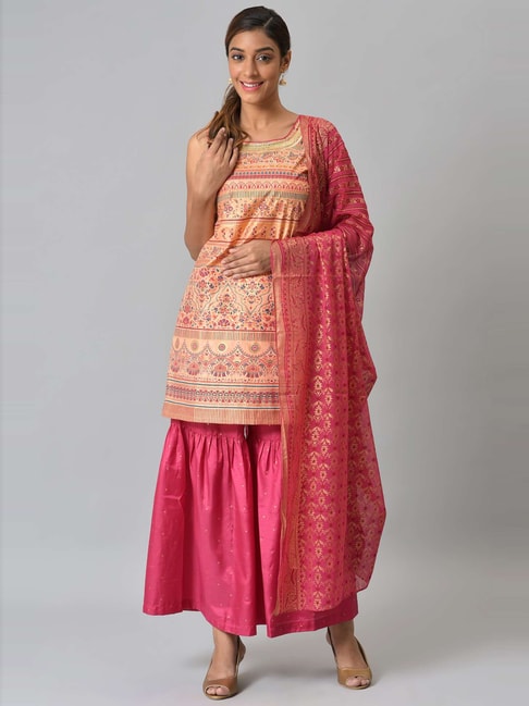 Aurelia Peach & Pink Printed Kurti Sharara Set With Dupatta Price in India