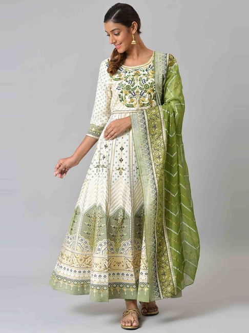 Aurelia White & Green Embroidered Kurta Pant Set With Dupatta Price in India