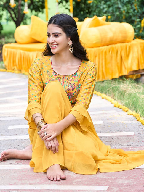 Aurelia Yellow Floral Print A-Line Dress Price in India