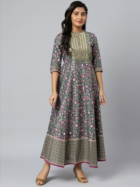 Aurelia Grey Cotton Floral Print Maxi Dress Price in India