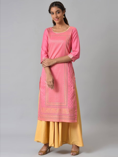Aurelia Pink Woven Pattern Straight Kurta Price in India