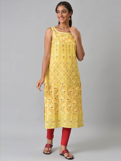 Aurelia Yellow Cotton Printed Straight Kurta Price in India