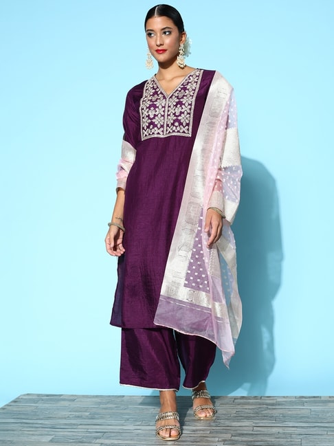 Indo Era Purple Embellished Kurta Pant Set With Dupatta Price in India