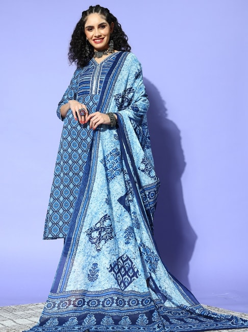 Indo Era Blue Printed Kurta Pant Set With Dupatta Price in India