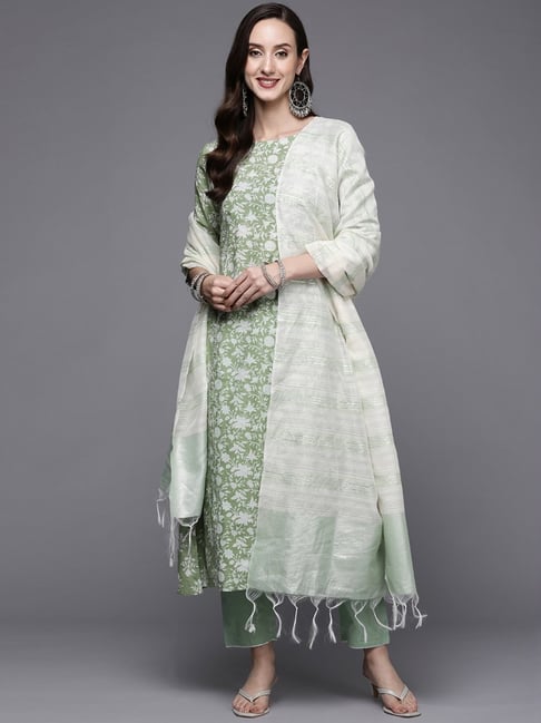 Indo Era Green Cotton Printed Kurta Pant Set With Dupatta Price in India