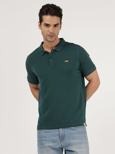 Lee Pine Green Cotton Slim Fit Polo T-Shirt