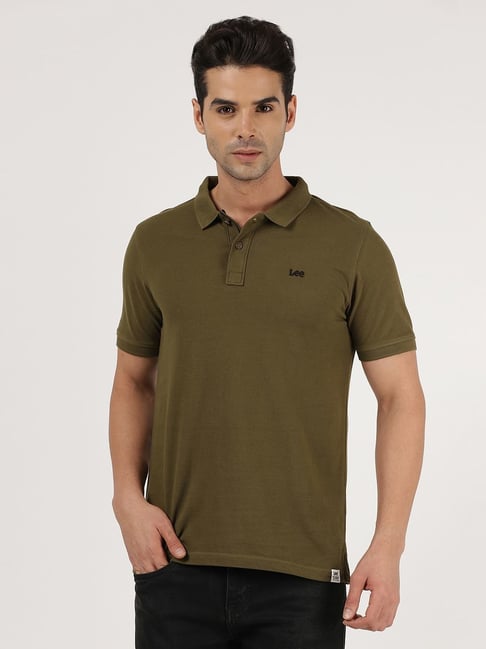 Lee Dark Olive Cotton Slim Fit Polo T-Shirt