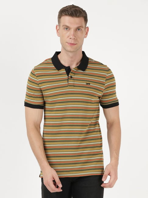 Lee Olive & Cerry Tomato Cotton Slim Fit Striped Polo T-Shirt