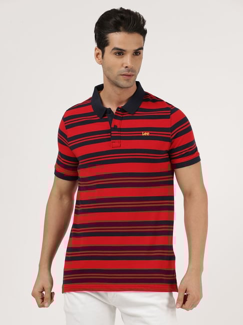 Lee Red Navy Cotton Slim Fit Striped Polo T-Shirt