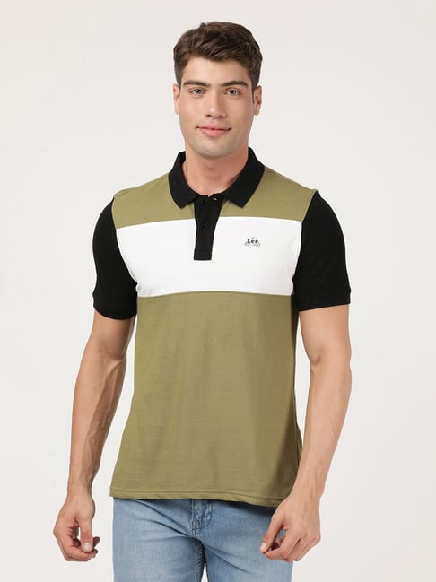 Lee Olive & White & Black Cotton Slim Fit Colour Block Polo T-Shirt