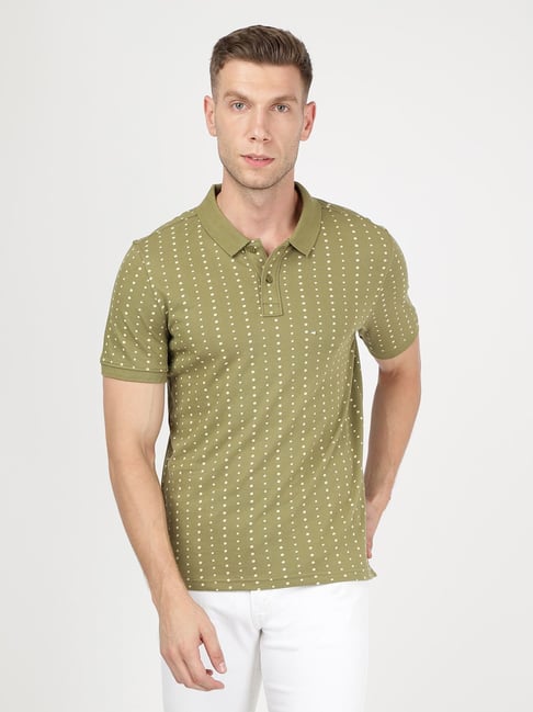 Lee Olive Cotton Slim Fit Polka Dot Polo T-Shirt